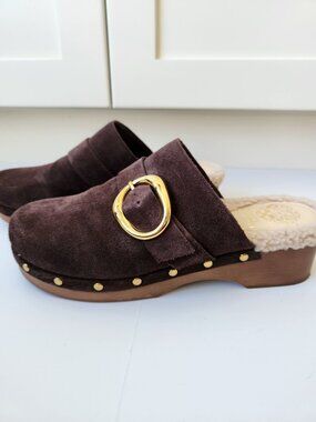 Vince Camuto Canzenee Brown Suede Shearling Sherpa Clogs Comfy Cozy Cute Boho